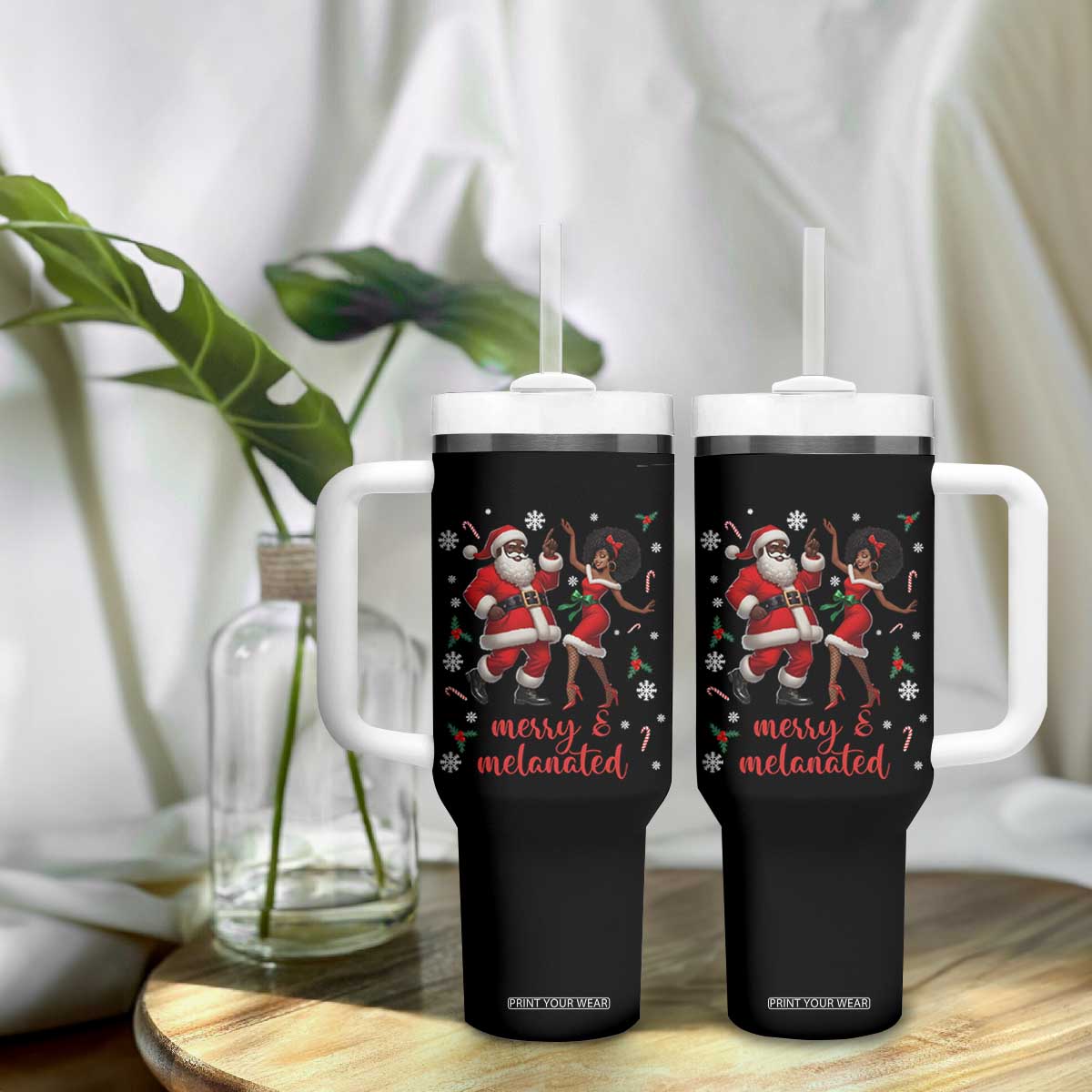 African American Christmas Tumbler With Handle Funny Dancing Black Santa And Mrs Claus Merry And Melanated TS12 Print Your Wear