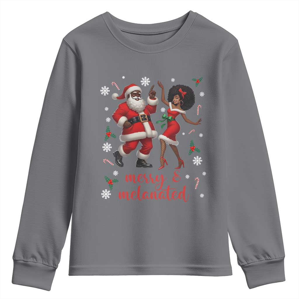 African American Christmas Youth Sweatshirt Funny Dancing Black Santa And Mrs Claus Merry And Melanated TS12 Charcoal Print Your Wear