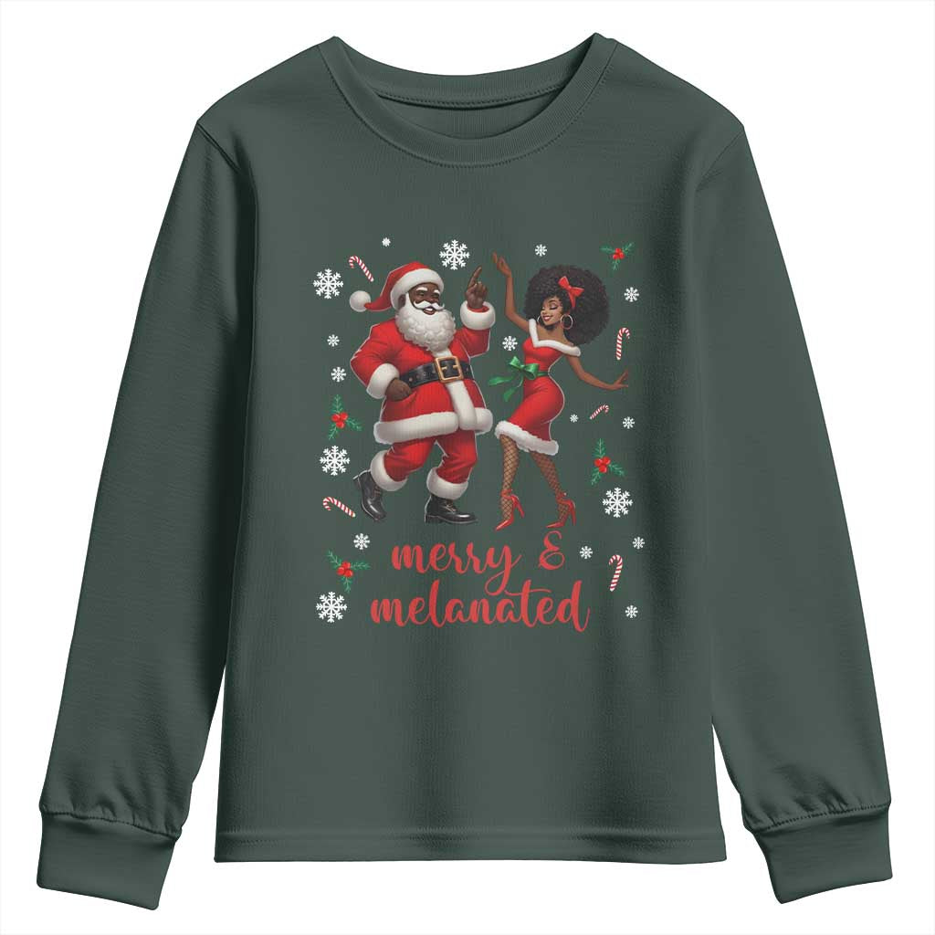 African American Christmas Youth Sweatshirt Funny Dancing Black Santa And Mrs Claus Merry And Melanated TS12 Dark Forest Green Print Your Wear