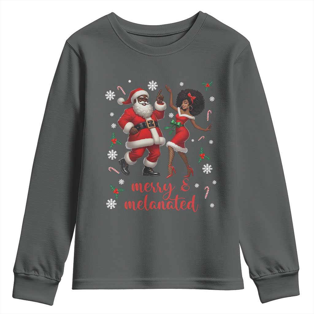African American Christmas Youth Sweatshirt Funny Dancing Black Santa And Mrs Claus Merry And Melanated TS12 Dark Heather Print Your Wear