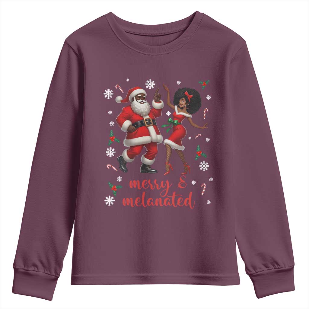 African American Christmas Youth Sweatshirt Funny Dancing Black Santa And Mrs Claus Merry And Melanated TS12 Maroon Print Your Wear