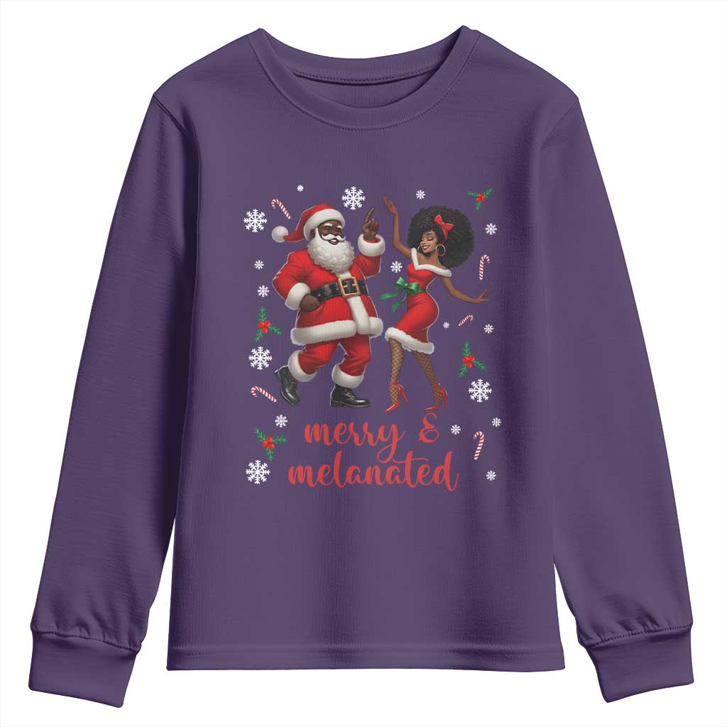 African American Christmas Youth Sweatshirt Funny Dancing Black Santa And Mrs Claus Merry And Melanated TS12 Purple Print Your Wear
