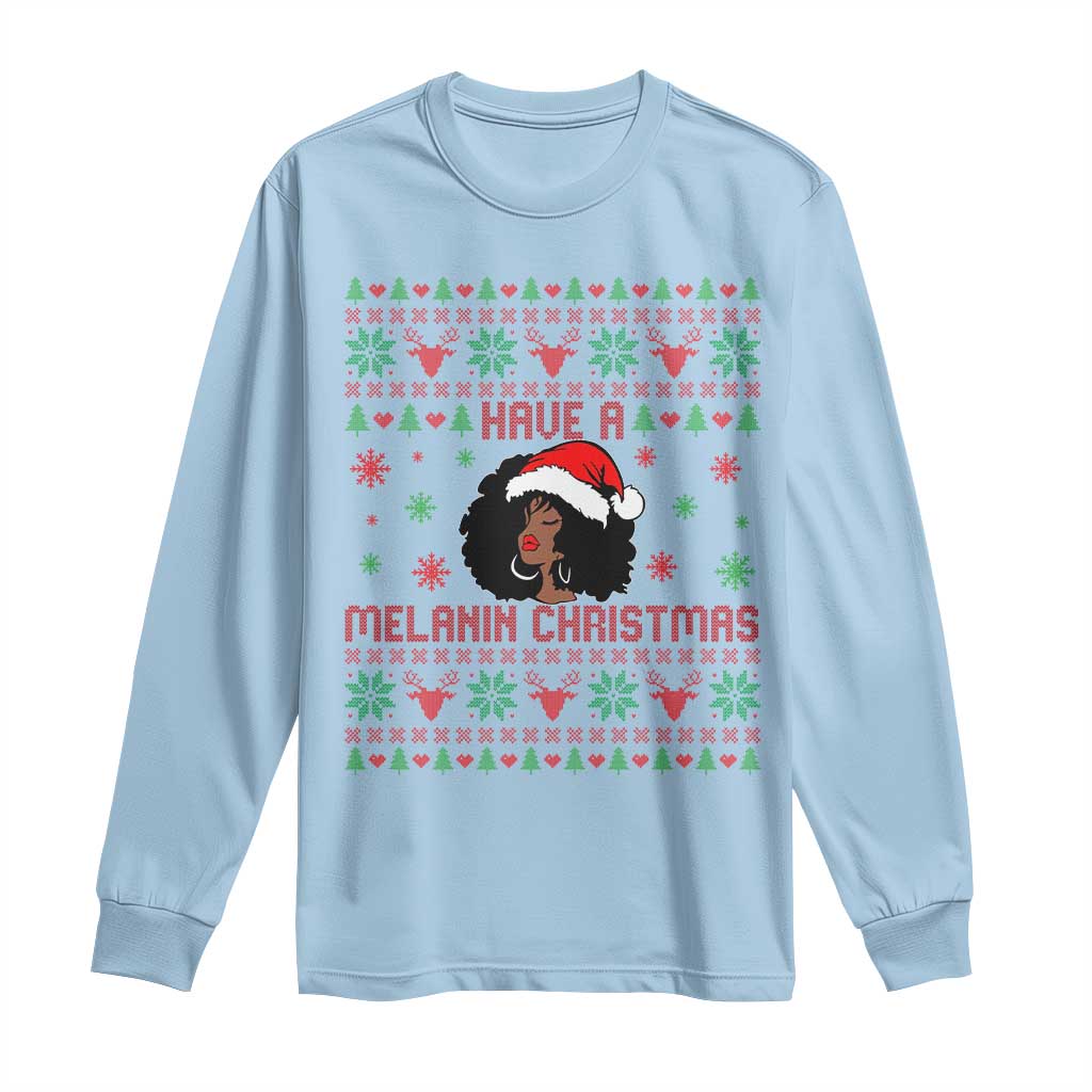 Have A Melanin Christmas Long Sleeve Shirt Cute Black Santa Girl Ugly Xmas TS12 Light Blue Print Your Wear