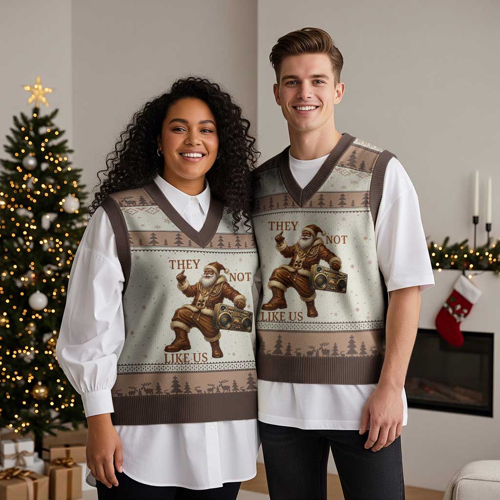 They Not Like Us V-Neck Knit Sweater Vest Funny Xmas Black Santa Claus TS12 Mocha Mousse Print Your Wear