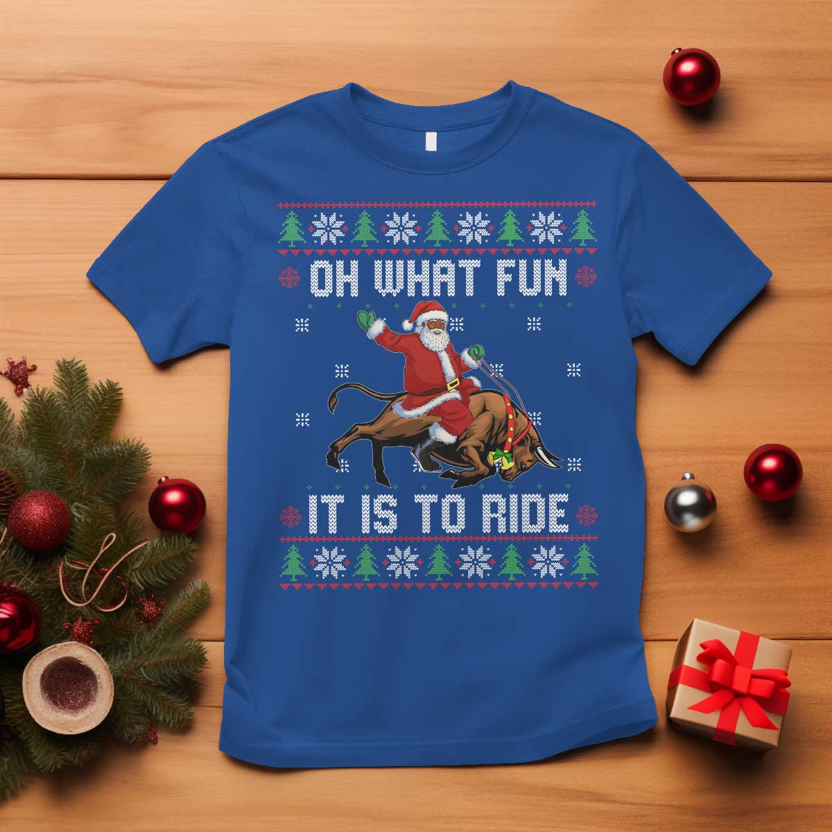 Oh What Fun It Is To Ride T Shirt Black Santa Bull Rider Ugly Christmas Gift TS12 Royal Blue Print Your Wear