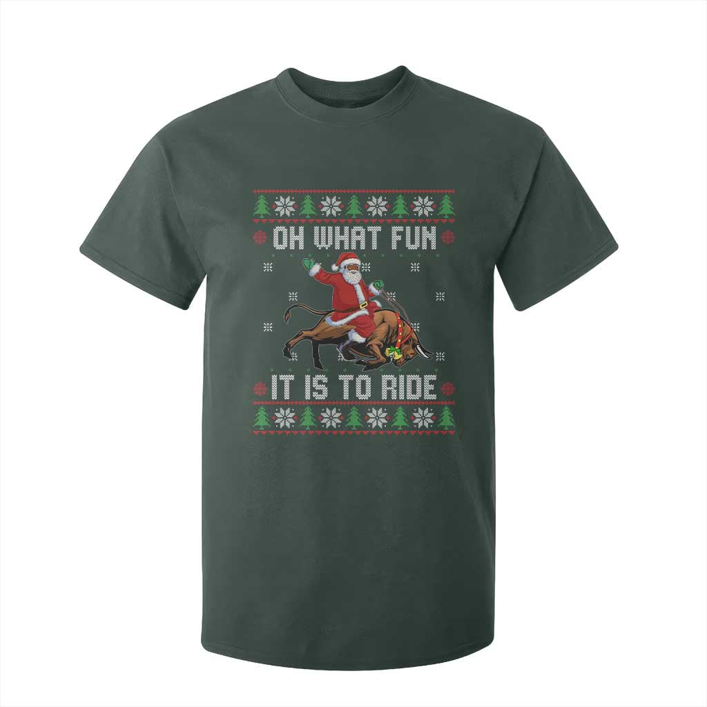 Oh What Fun It Is To Ride T Shirt For Kid Black Santa Bull Rider Ugly Christmas Gift TS12 Dark Forest Green Print Your Wear