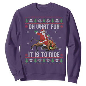 Oh What Fun It Is To Ride Sweatshirt Black Santa Bull Rider Ugly Christmas Gift TS12 Purple Print Your Wear
