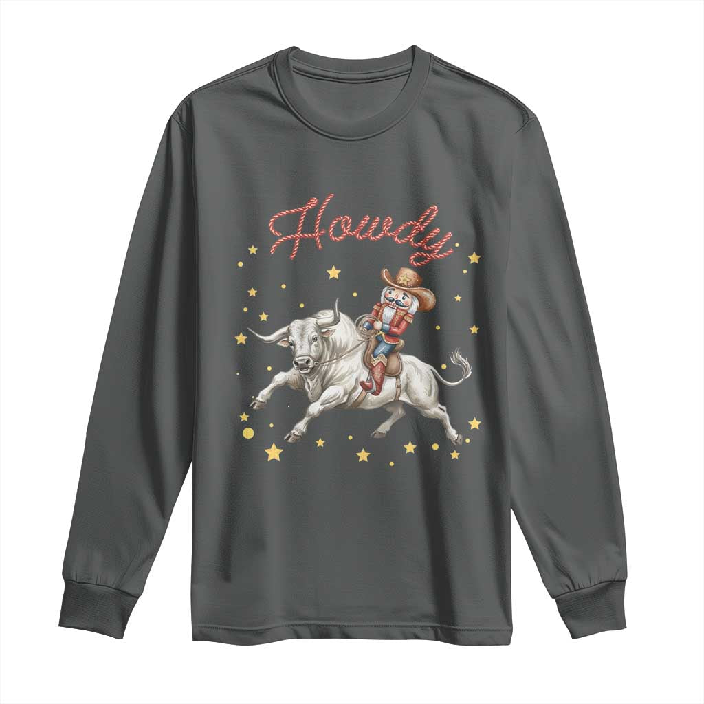 Funny Nutcracker Bull Riding Long Sleeve Shirt Howdy Western Christmas Holiday Gift TS12 Dark Heather Print Your Wear
