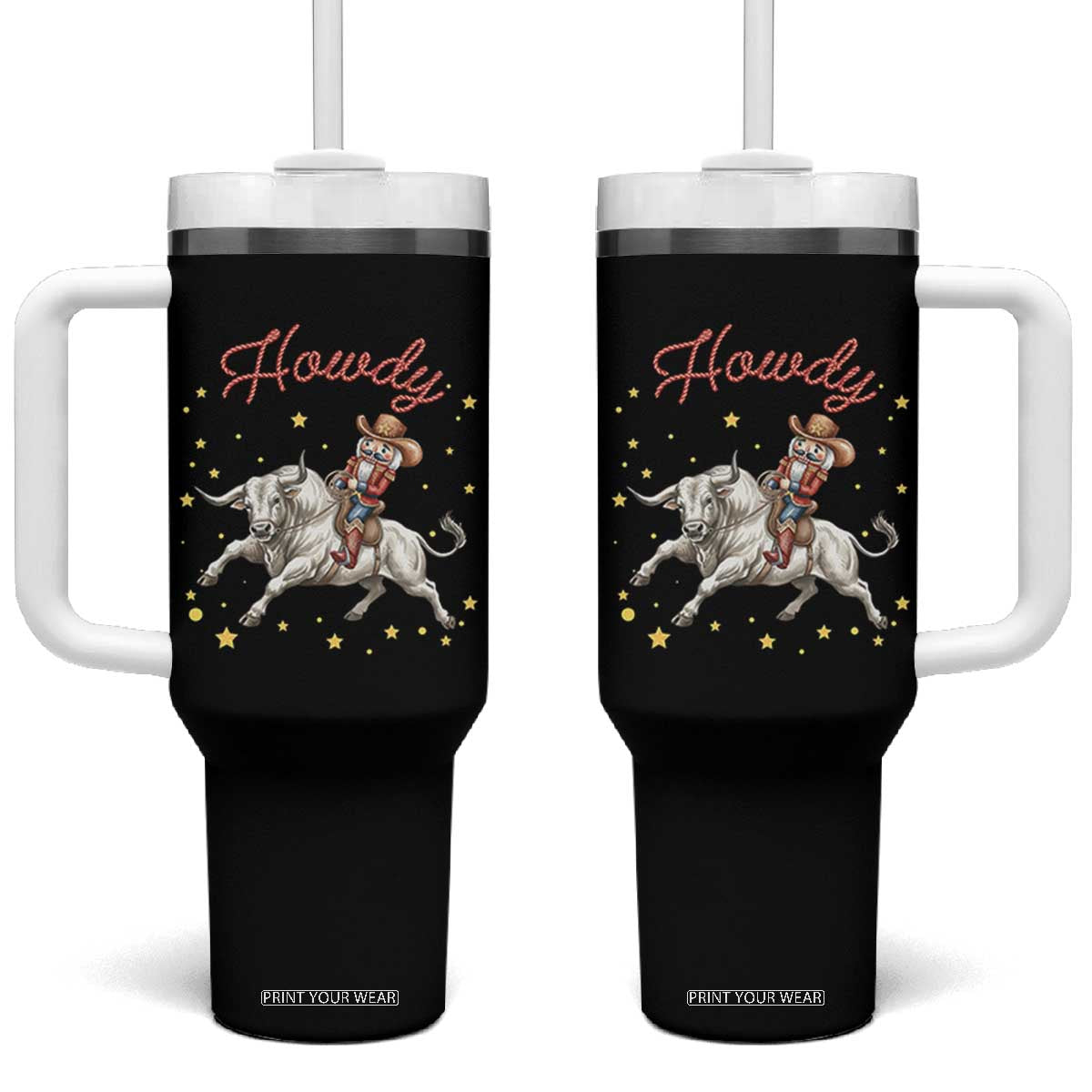 Funny Nutcracker Bull Riding Tumbler With Handle Howdy Western Christmas Holiday Gift TS12 One Size: 40 oz Black Print Your Wear