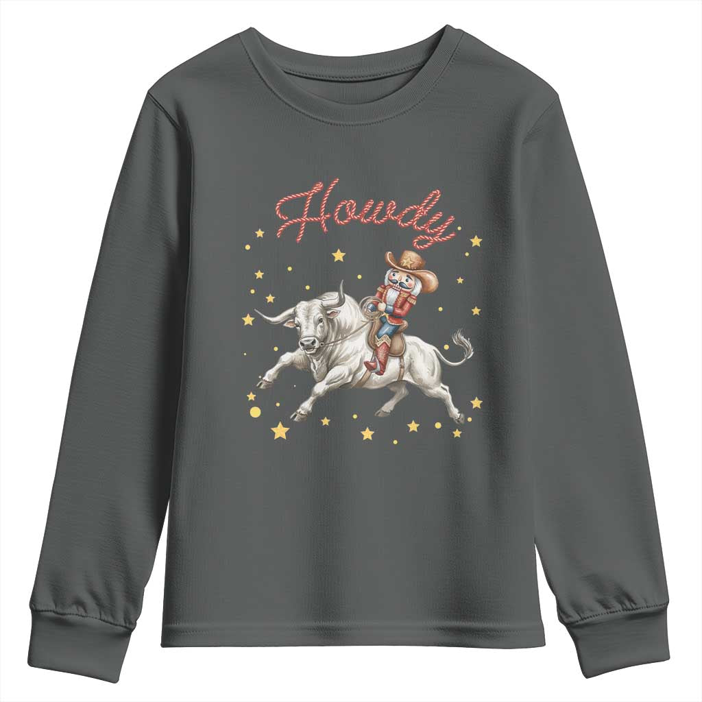 Funny Nutcracker Bull Riding Youth Sweatshirt Howdy Western Christmas Holiday Gift TS12 Dark Heather Print Your Wear