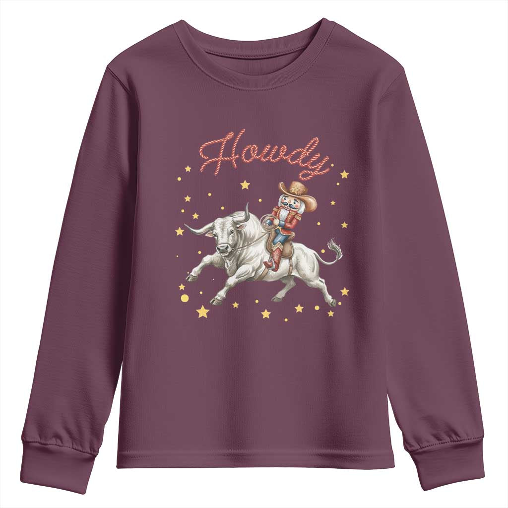 Funny Nutcracker Bull Riding Youth Sweatshirt Howdy Western Christmas Holiday Gift TS12 Maroon Print Your Wear