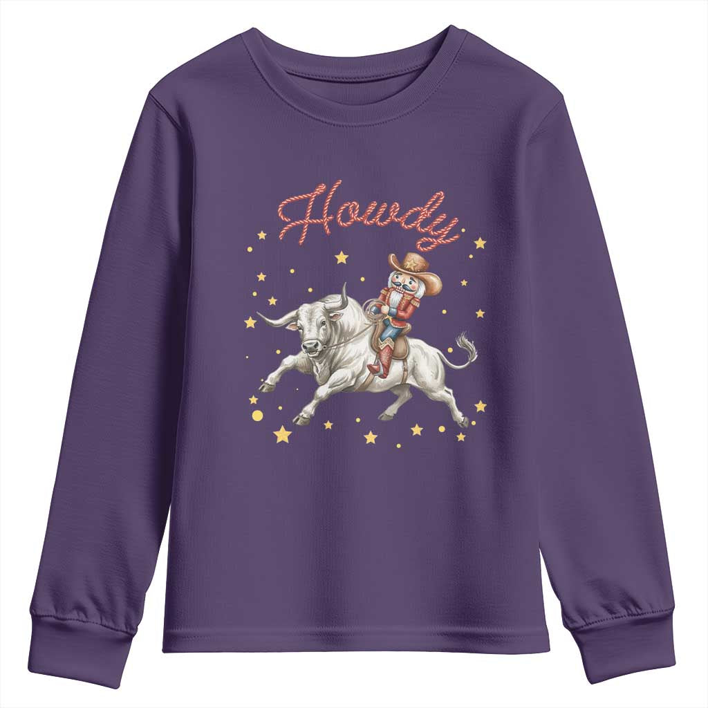 Funny Nutcracker Bull Riding Youth Sweatshirt Howdy Western Christmas Holiday Gift TS12 Purple Print Your Wear