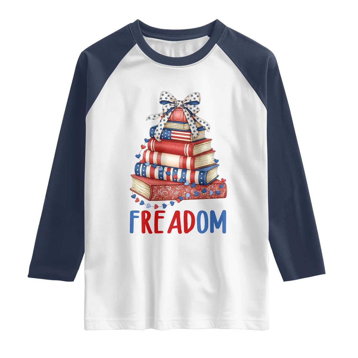 Funny Patriotic Book Lover Gift Raglan Shirt Freadom TS12 White Navy Print Your Wear