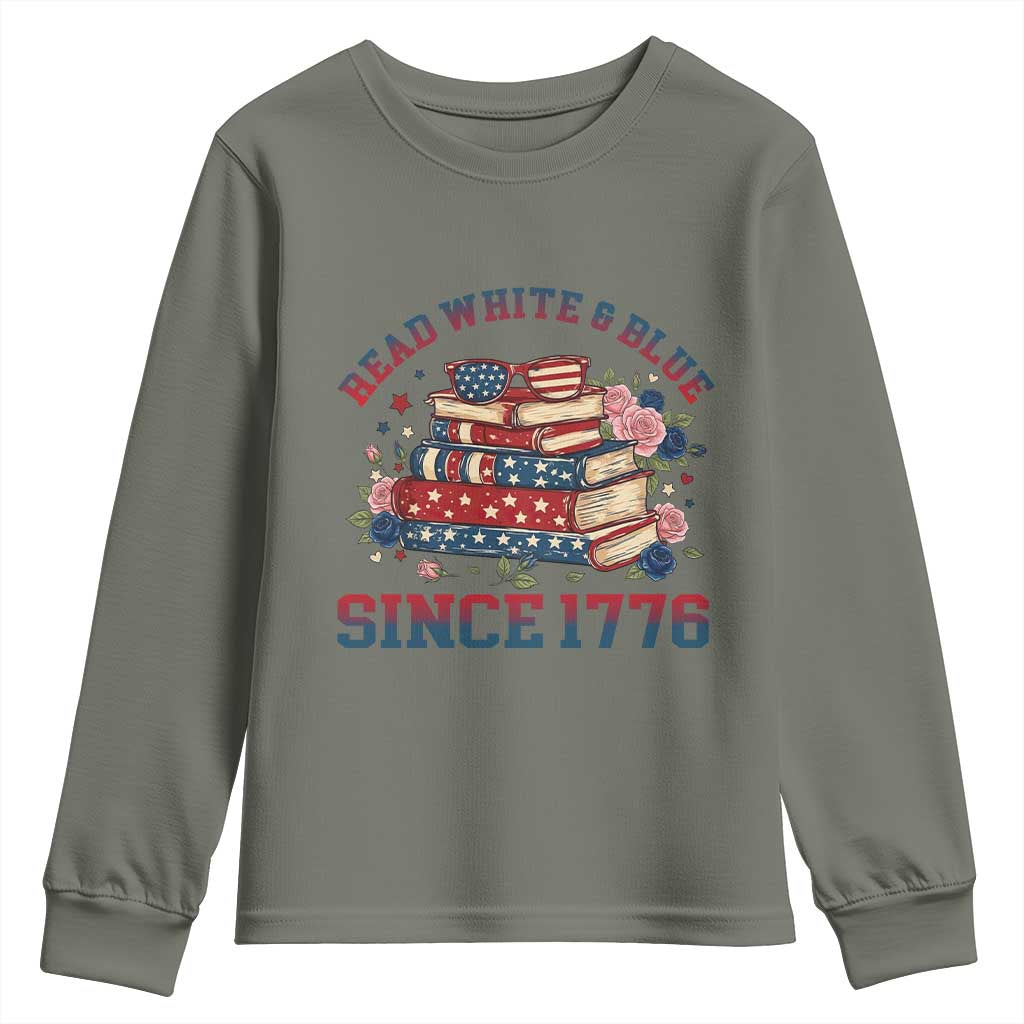 Funny Patriotic Book Lover Gift Youth Sweatshirt Read White Blue Since 1776 TS12 Military Green Print Your Wear