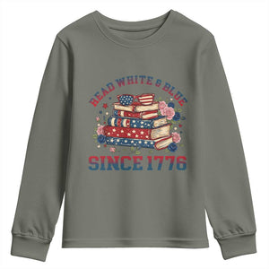 Funny Patriotic Book Lover Gift Youth Sweatshirt Read White Blue Since 1776 TS12 Military Green Print Your Wear