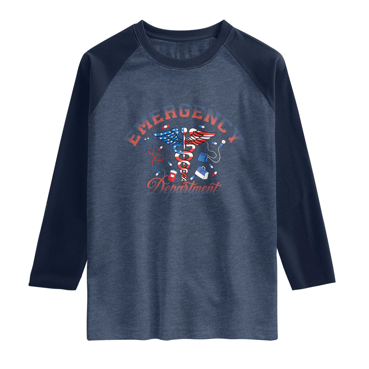 Patriotic Emergency Department Raglan Shirt USA 250th Anniversary Medical Gift TS12 Heather Denim Navy Print Your Wear