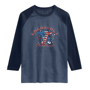 Patriotic Emergency Department Raglan Shirt USA 250th Anniversary Medical Gift TS12 Heather Denim Navy Print Your Wear
