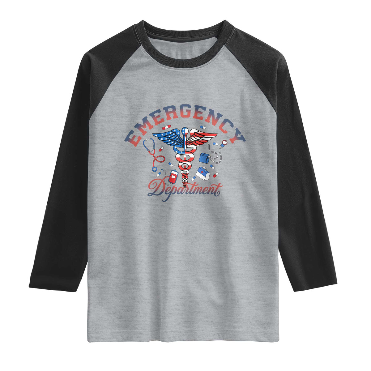 Patriotic Emergency Department Raglan Shirt USA 250th Anniversary Medical Gift TS12 Heather Gray Black Print Your Wear