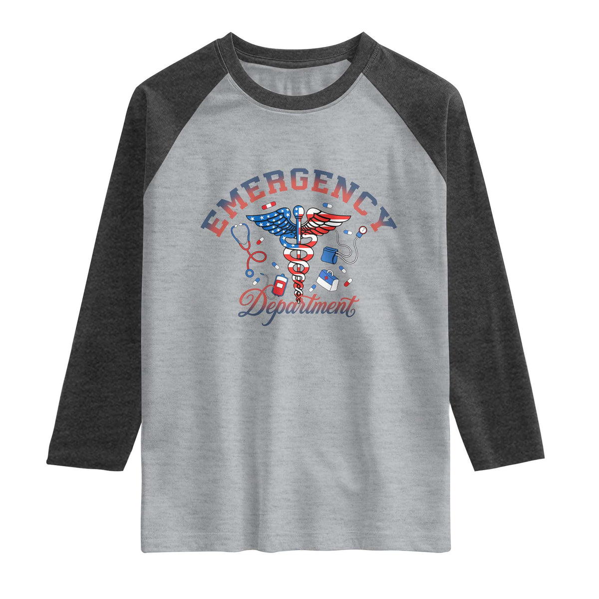 Patriotic Emergency Department Raglan Shirt USA 250th Anniversary Medical Gift TS12 Heather Gray Heather Charcoal Print Your Wear