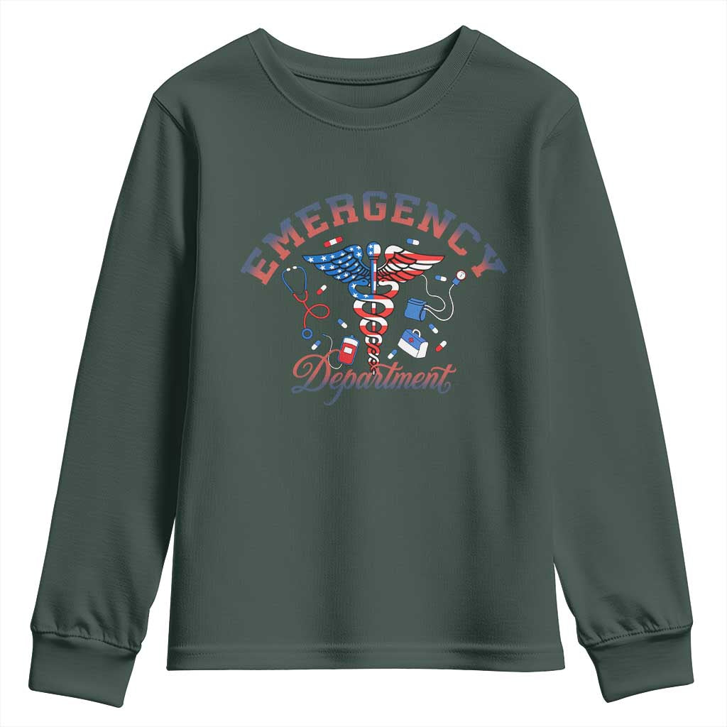 Patriotic Emergency Department Youth Sweatshirt USA 250th Anniversary Medical Gift TS12 Dark Forest Green Print Your Wear