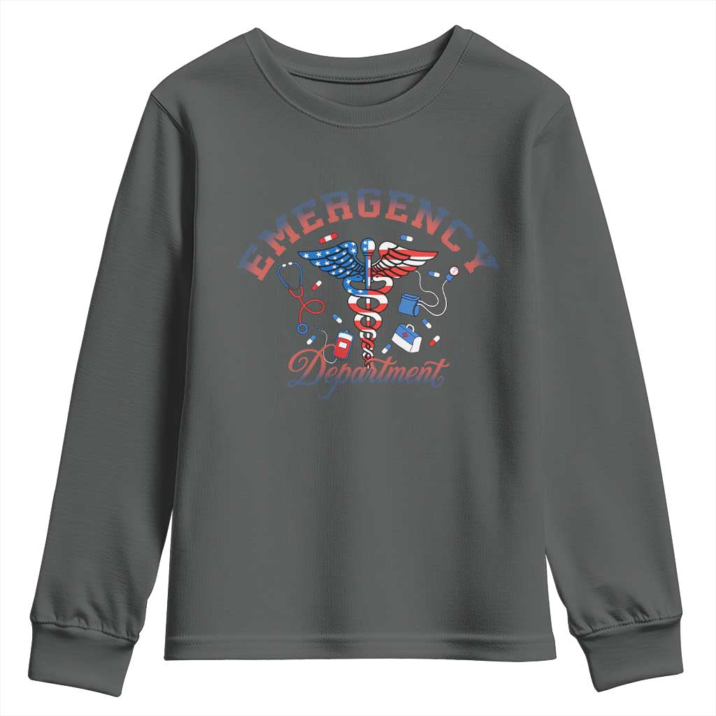 Patriotic Emergency Department Youth Sweatshirt USA 250th Anniversary Medical Gift TS12 Dark Heather Print Your Wear