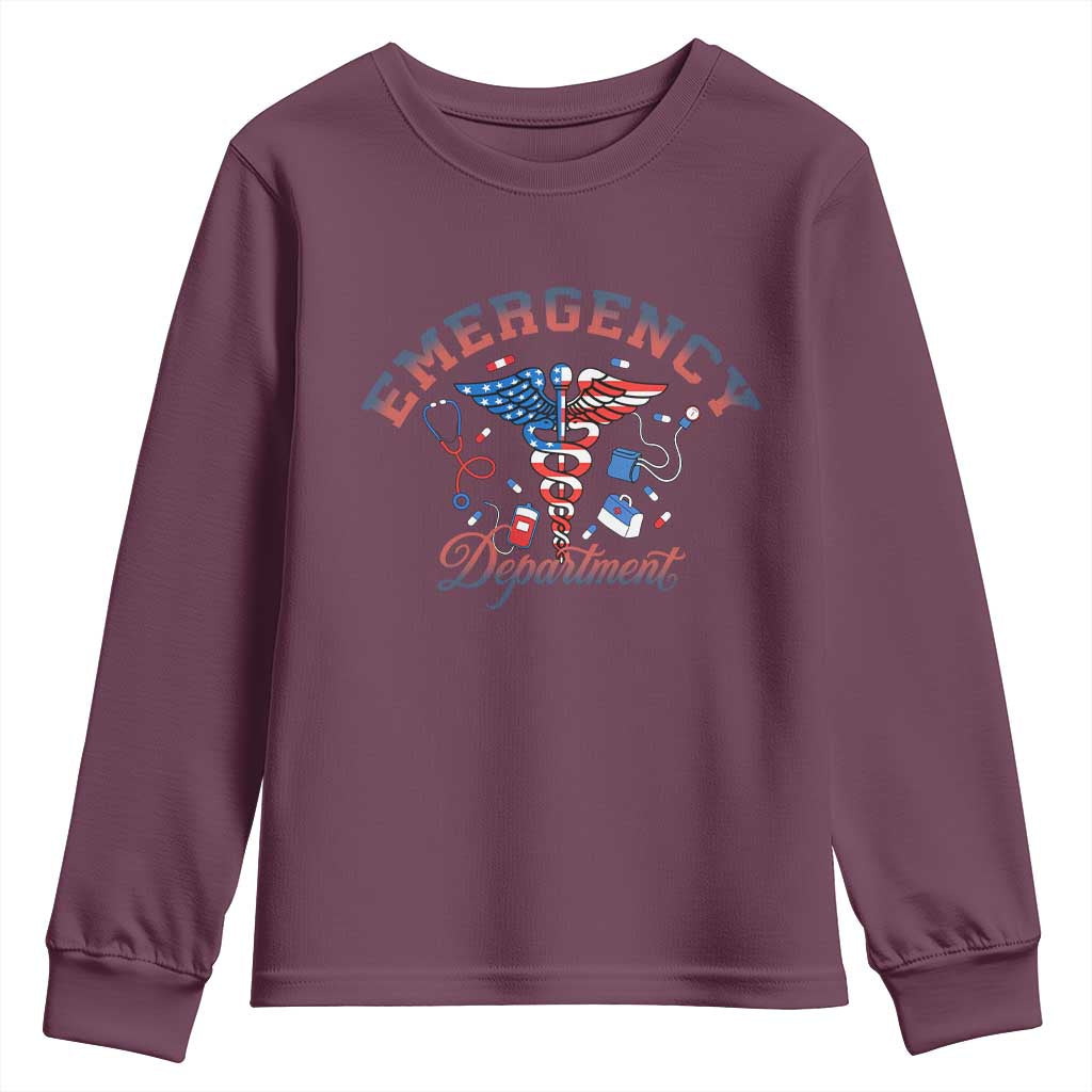 Patriotic Emergency Department Youth Sweatshirt USA 250th Anniversary Medical Gift TS12 Maroon Print Your Wear