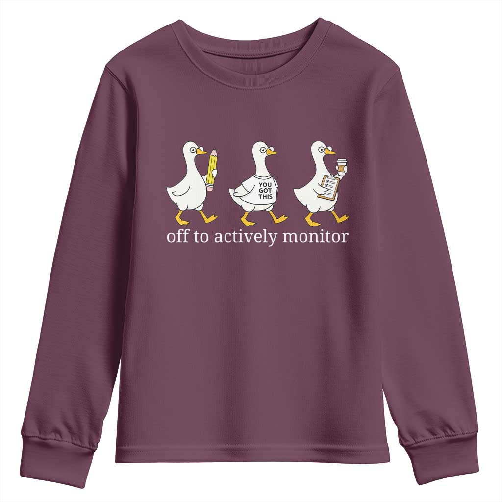 Funny Goose Teacher Testing Day Youth Sweatshirt Off to Actively Monitor TS12 Maroon Print Your Wear
