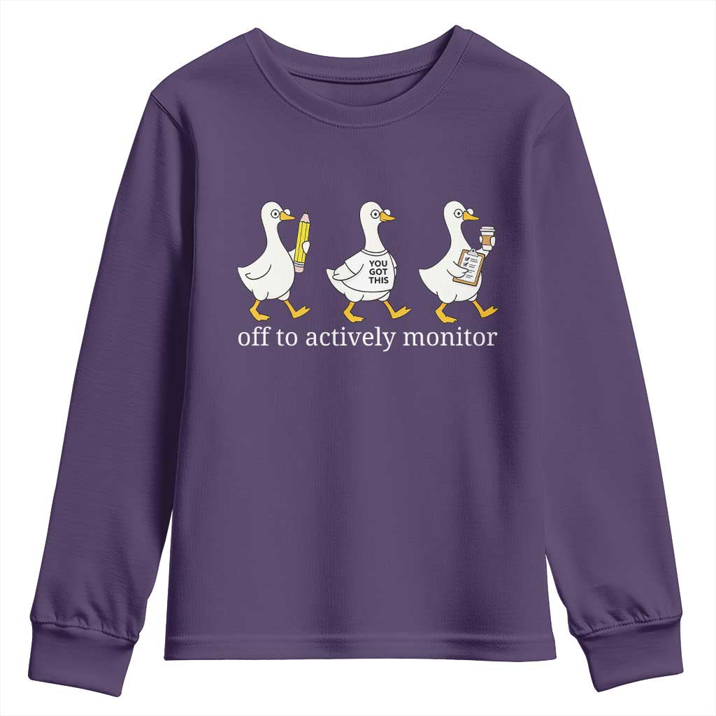 Funny Goose Teacher Testing Day Youth Sweatshirt Off to Actively Monitor TS12 Purple Print Your Wear