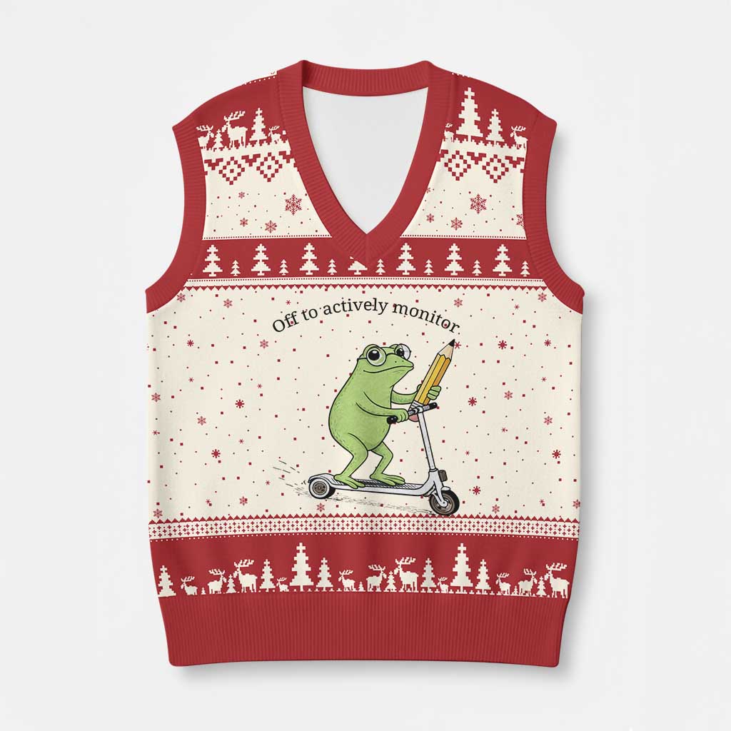 Funny Frog Teacher Testing Test Day V-Neck Knit Sweater Vest Off To Actively Monitor TS12 Beige Red Print Your Wear