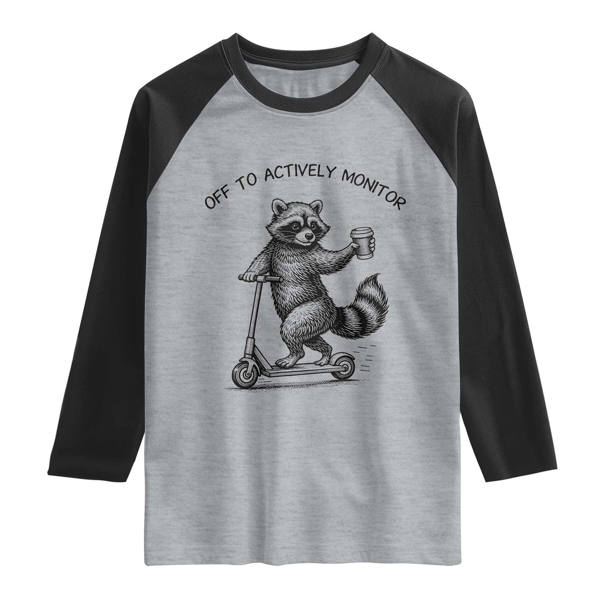 Funny Teacher Testing Day Raglan Shirt Silly Raccoon Proctor Off To Actively Monitor TS12 Heather Gray Black Print Your Wear