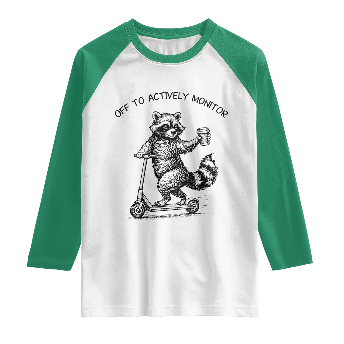 Funny Teacher Testing Day Raglan Shirt Silly Raccoon Proctor Off To Actively Monitor TS12 White Kelly Green Print Your Wear