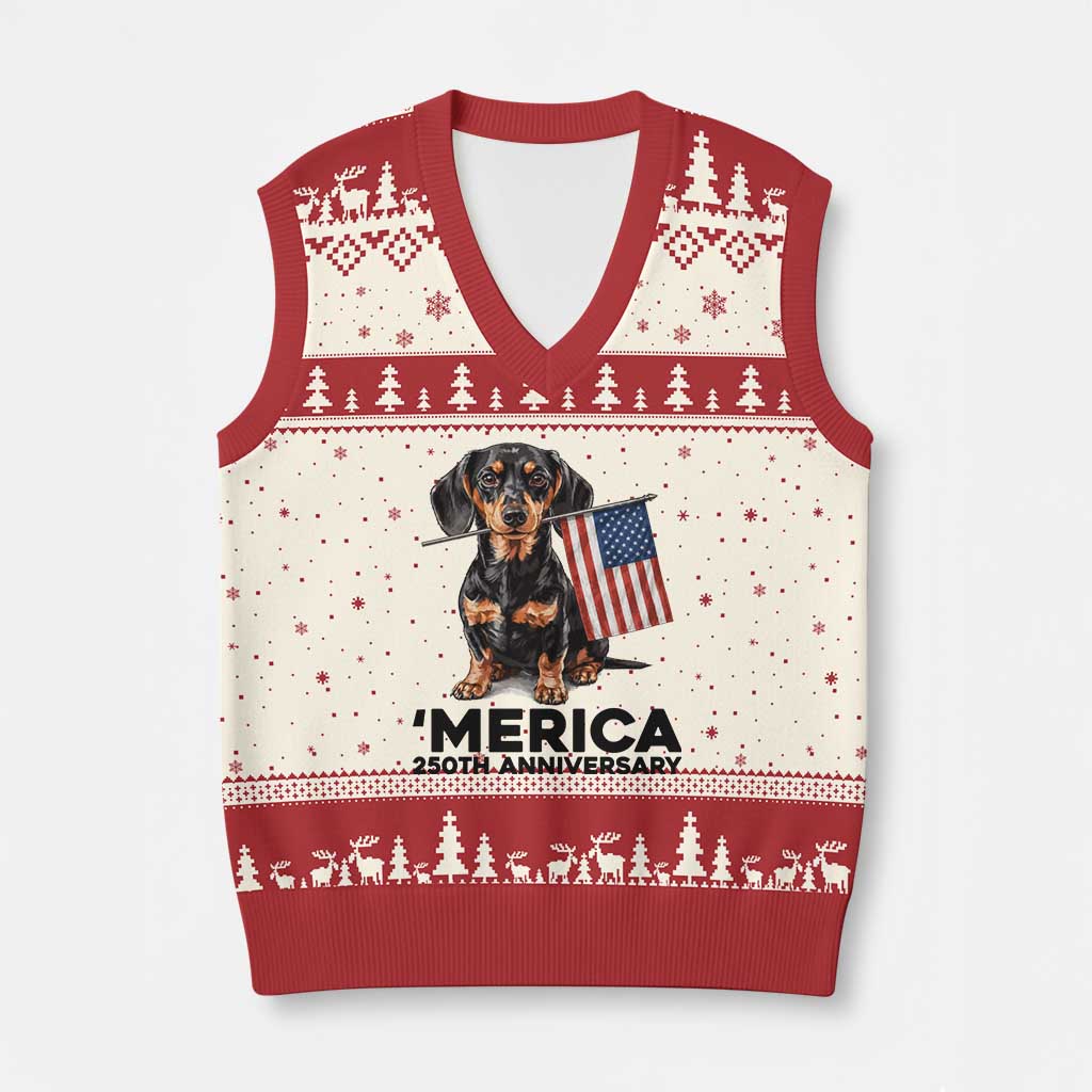 Merica Dachshund Lover V-Neck Knit Sweater Vest 250th Anniversary Gift TS12 Beige Red Print Your Wear