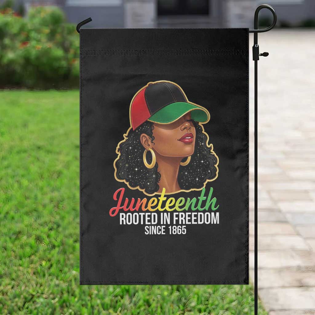 Black Woman Juneteenth Graphic Garden Flag Rooted In Freedom Since 1865