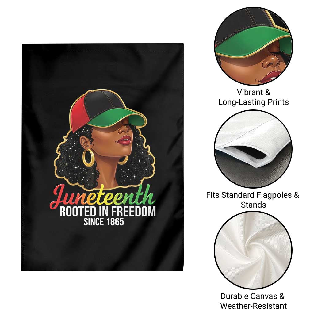 Black Woman Juneteenth Graphic Garden Flag Rooted In Freedom Since 1865