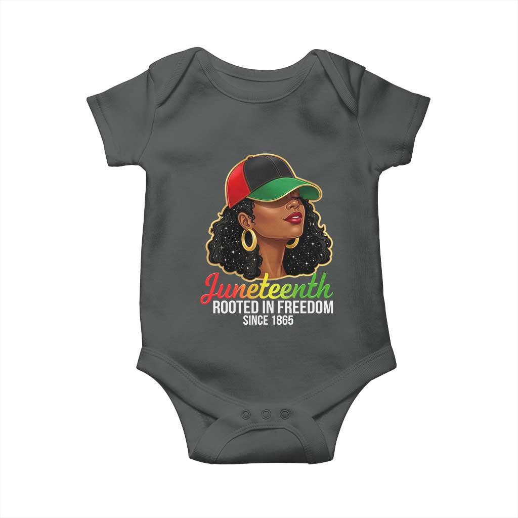 Black Woman Juneteenth Graphic Baby Onesie Rooted In Freedom Since 1865 TS12 Dark Heather Print Your Wear