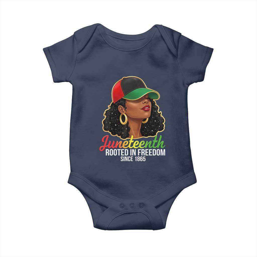 Black Woman Juneteenth Graphic Baby Onesie Rooted In Freedom Since 1865 TS12 Navy Print Your Wear