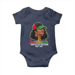 Black Woman Juneteenth Graphic Baby Onesie Rooted In Freedom Since 1865 TS12 Navy Print Your Wear