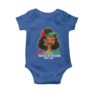 Black Woman Juneteenth Graphic Baby Onesie Rooted In Freedom Since 1865 TS12 Royal Blue Print Your Wear