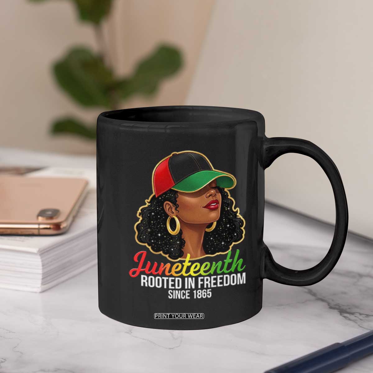Black Woman Juneteenth Graphic Coffee Mug Rooted In Freedom Since 1865 TS12 Print Your Wear
