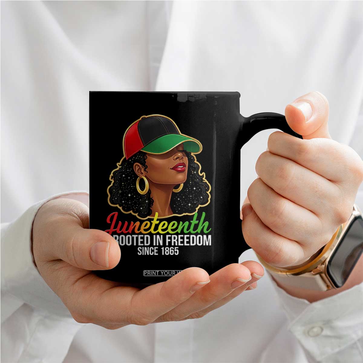 Black Woman Juneteenth Graphic Coffee Mug Rooted In Freedom Since 1865 TS12 Print Your Wear
