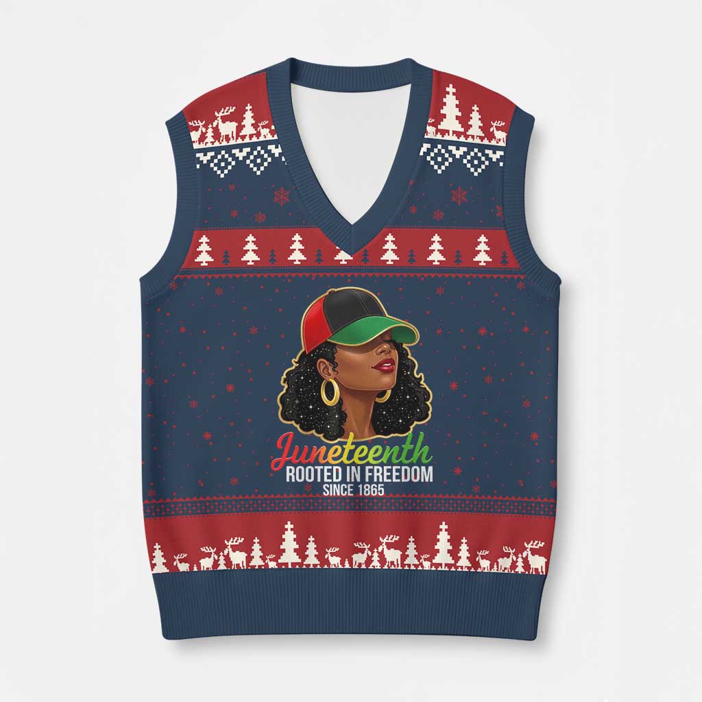 Black Woman Juneteenth Graphic V-Neck Knit Sweater Vest Rooted In Freedom Since 1865 TS12 Navy Red Print Your Wear