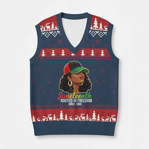 Black Woman Juneteenth Graphic V-Neck Knit Sweater Vest Rooted In Freedom Since 1865 TS12 Navy Red Print Your Wear