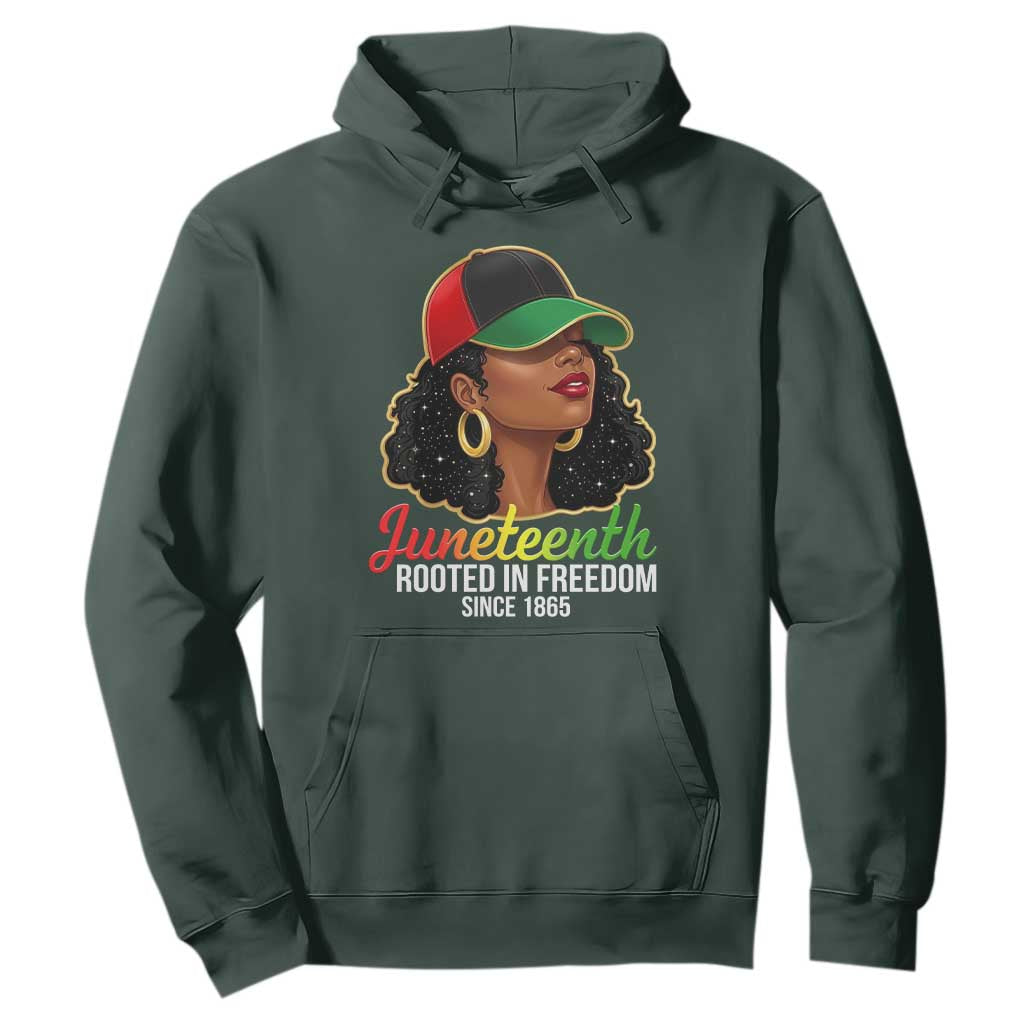 Black Woman Juneteenth Graphic Hoodie Rooted In Freedom Since 1865 TS12 Dark Forest Green Print Your Wear