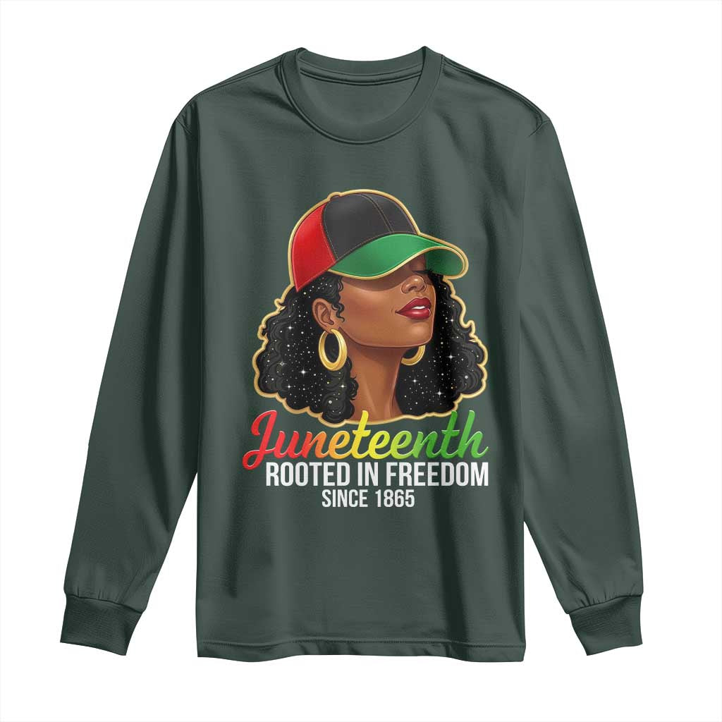 Black Woman Juneteenth Graphic Long Sleeve Shirt Rooted In Freedom Since 1865 TS12 Dark Forest Green Print Your Wear