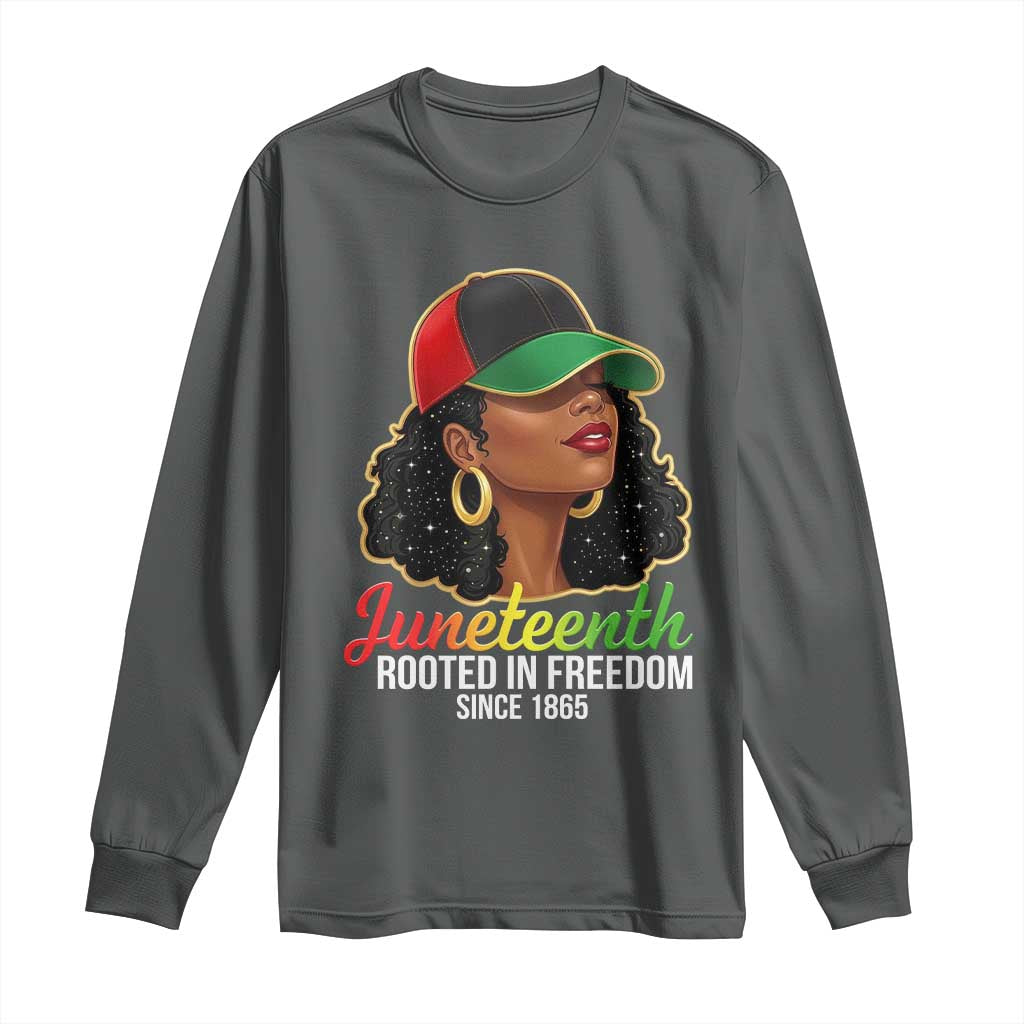 Black Woman Juneteenth Graphic Long Sleeve Shirt Rooted In Freedom Since 1865 TS12 Dark Heather Print Your Wear