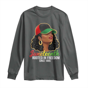 Black Woman Juneteenth Graphic Long Sleeve Shirt Rooted In Freedom Since 1865 TS12 Dark Heather Print Your Wear