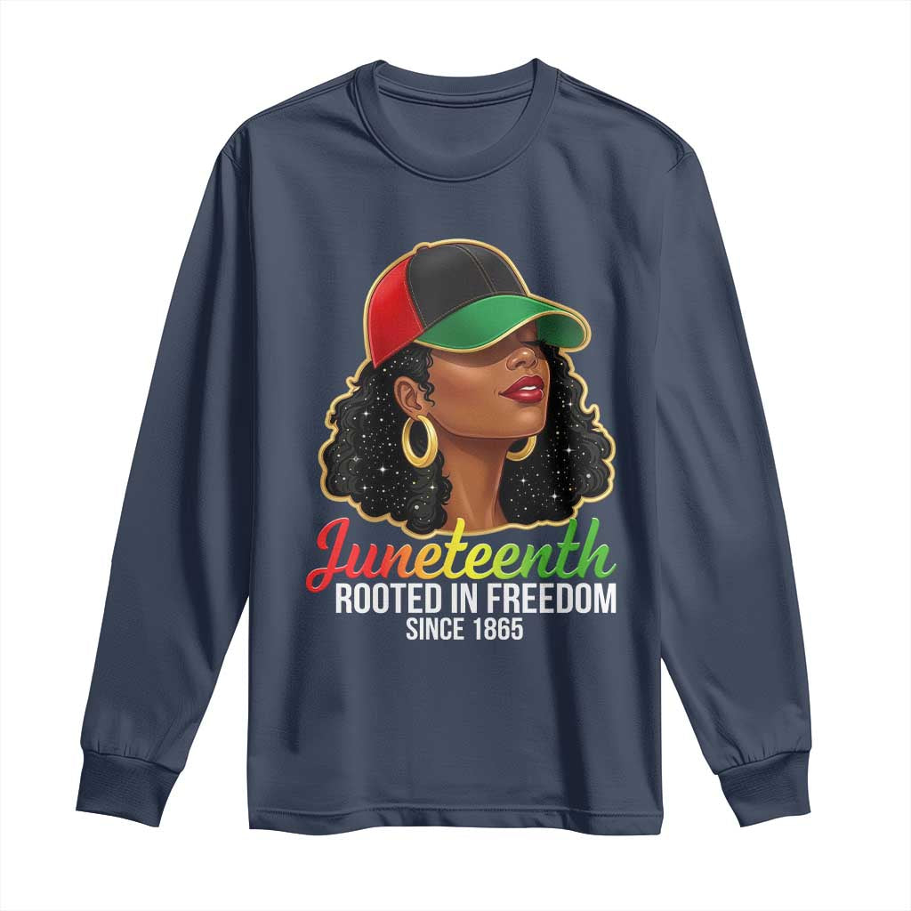 Black Woman Juneteenth Graphic Long Sleeve Shirt Rooted In Freedom Since 1865 TS12 Navy Print Your Wear