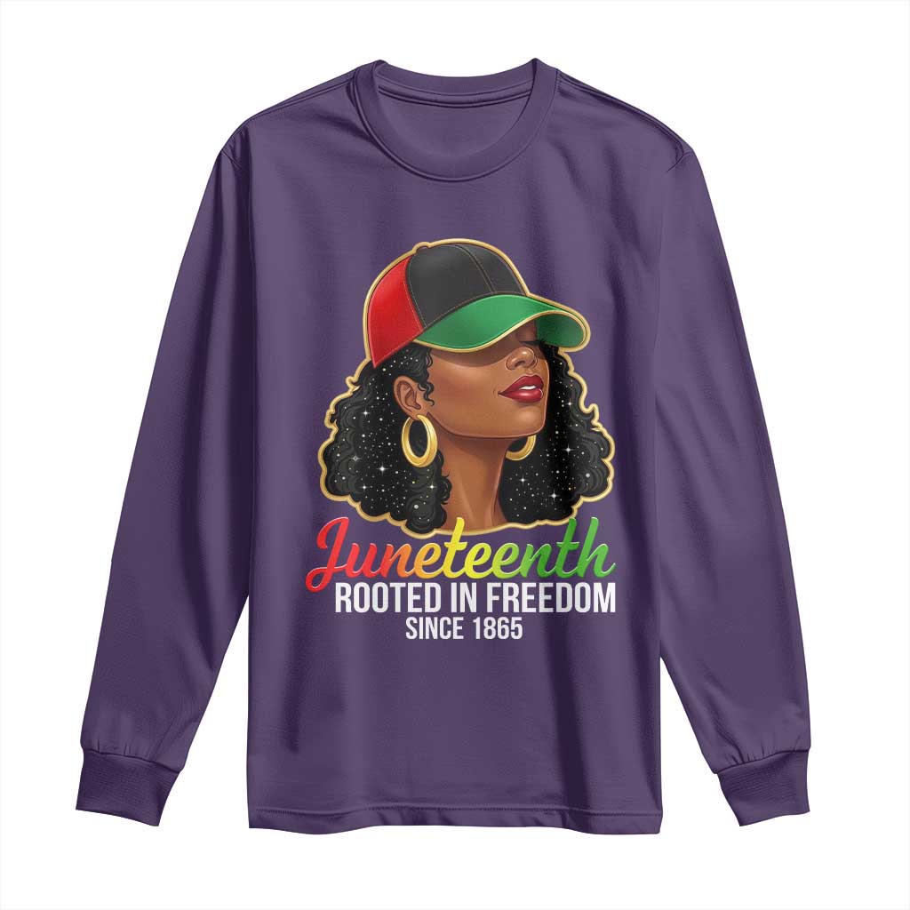 Black Woman Juneteenth Graphic Long Sleeve Shirt Rooted In Freedom Since 1865 TS12 Purple Print Your Wear
