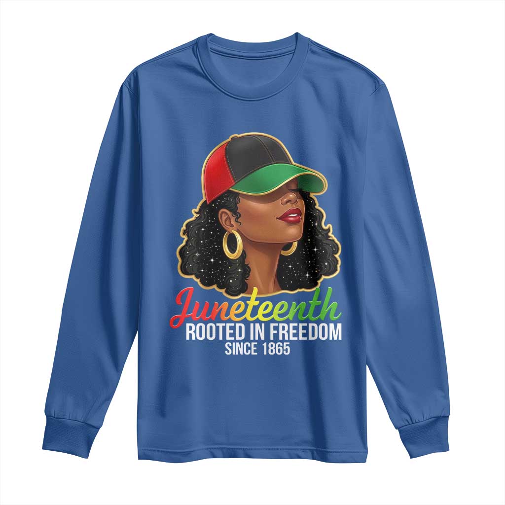 Black Woman Juneteenth Graphic Long Sleeve Shirt Rooted In Freedom Since 1865 TS12 Royal Blue Print Your Wear