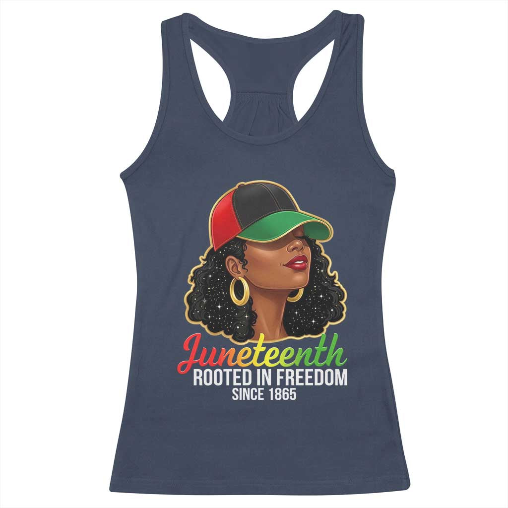 Black Woman Juneteenth Graphic Racerback Tank Top Rooted In Freedom Since 1865 TS12 Navy Print Your Wear